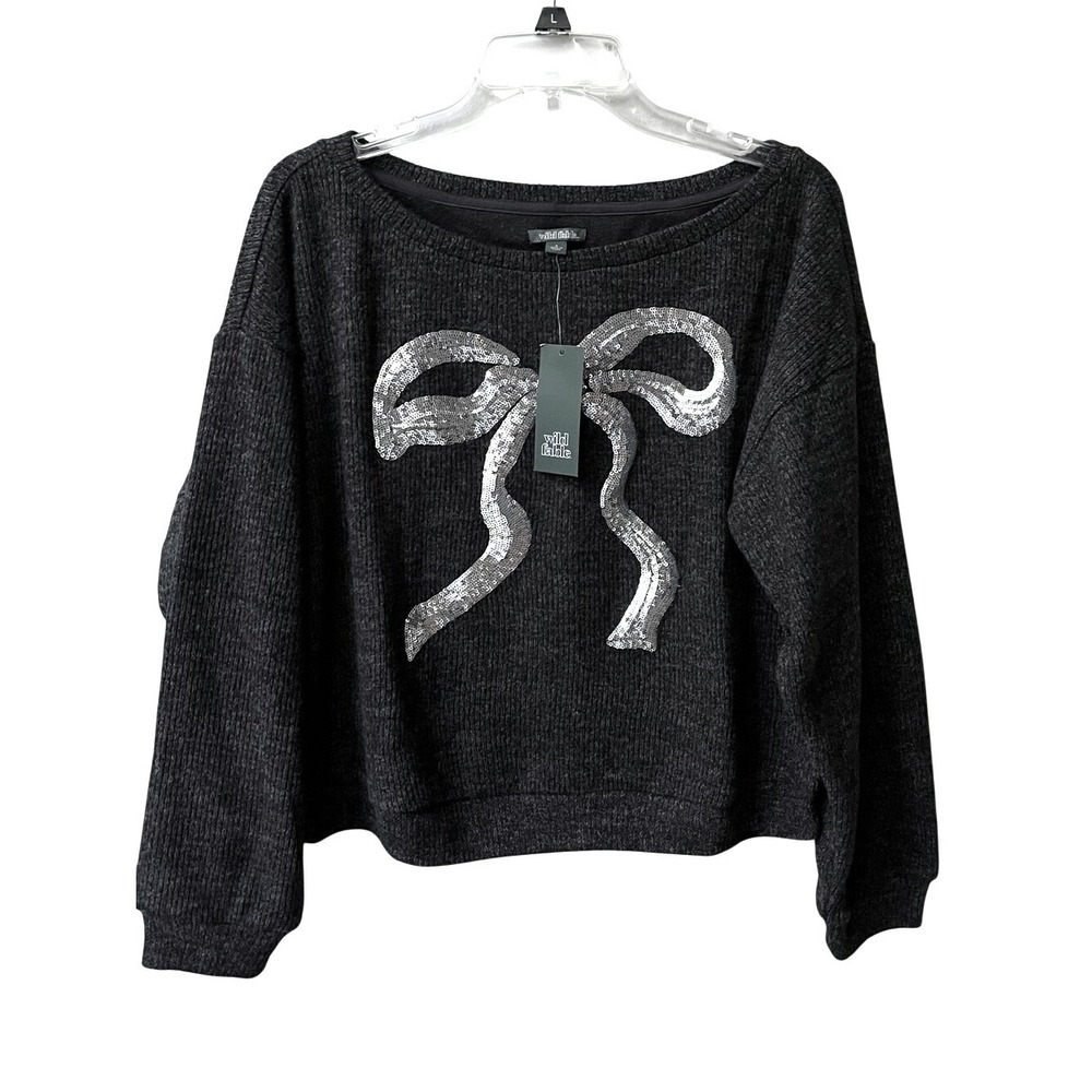 wild fable Sequin Bow Pullover Sweater Womens Small Deep Gray Sparkle Silver New